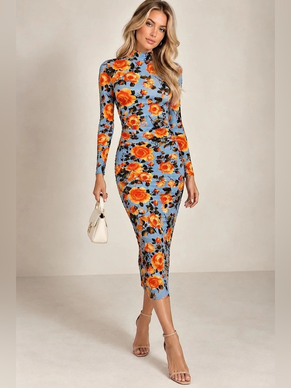 ZARA Woman Studio Blue Orange Rose Floral Ruched Jersey Midi Dress XS-S